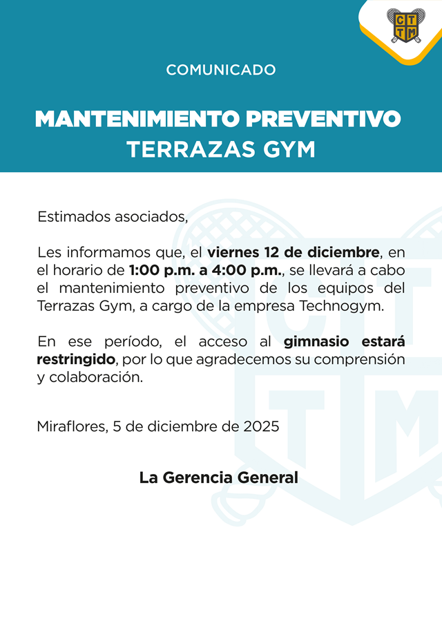 📢COMUNICADO: MANTENIMIENTO PREVENTIVO – TERRAZAS GYM 🏋️‍♂️⚙️