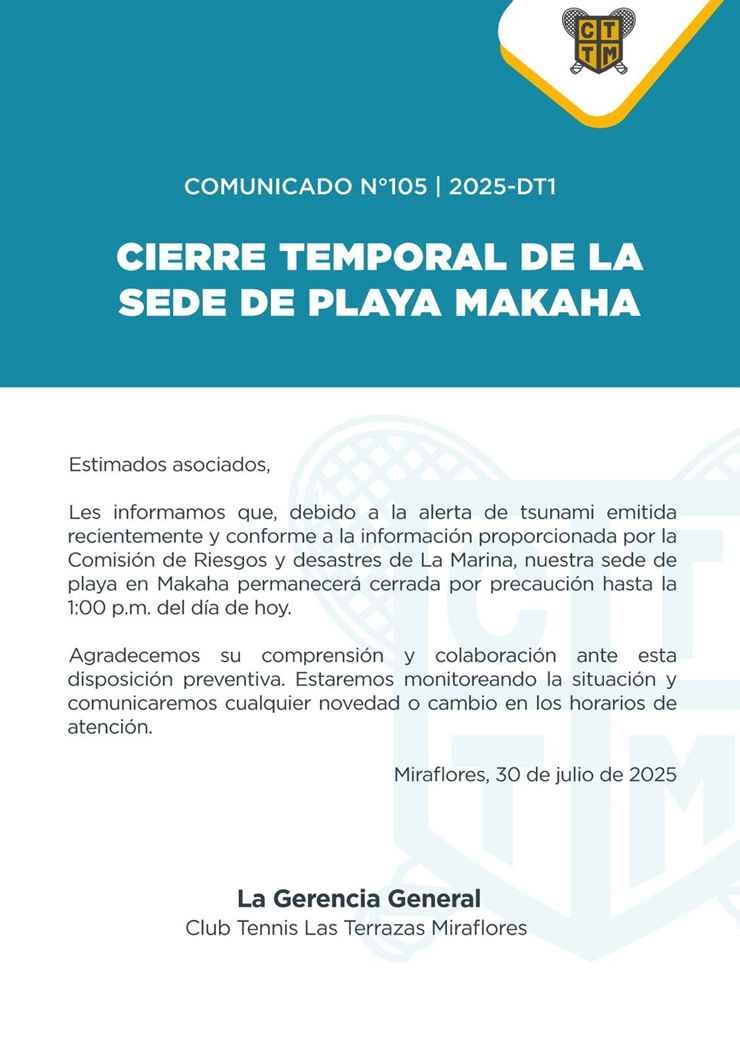 📣COMUNICADO N°105 - 2025-DT1 - CIERRE TEMPORAL DE LA SEDE PLAYA MAKAHA
