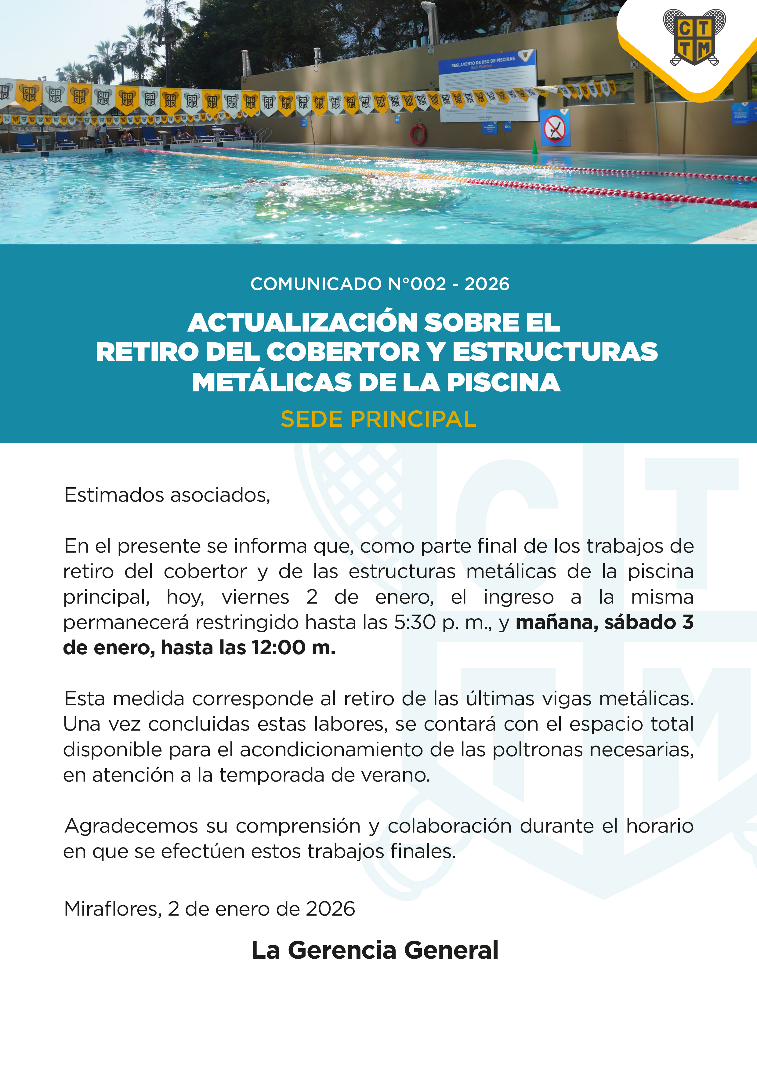 📣COMUNICADO N°002 - 2026 - ACTUALIZACIÓN SOBRE EL RETIRO DEL COBERTOR Y ESTRUCTURAS METÁLICAS DE LA PISCINA - SEDE PRINCIPAL
