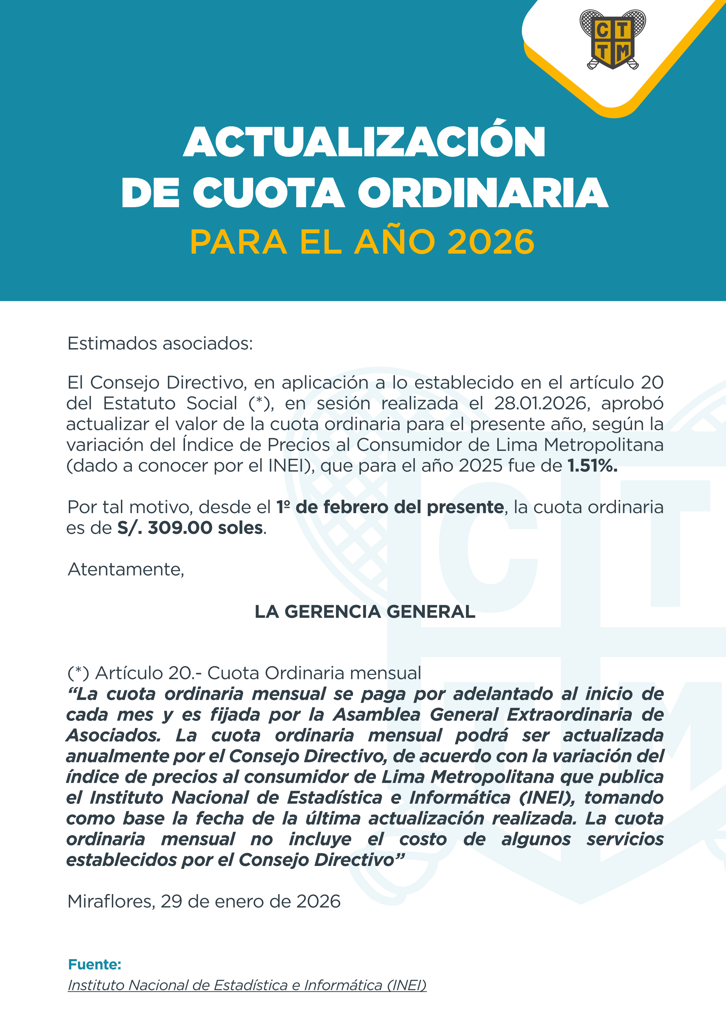 📣 ACTUALIZACIÓN DE CUOTA ORDINARIA PARA EL AÑO 2026 