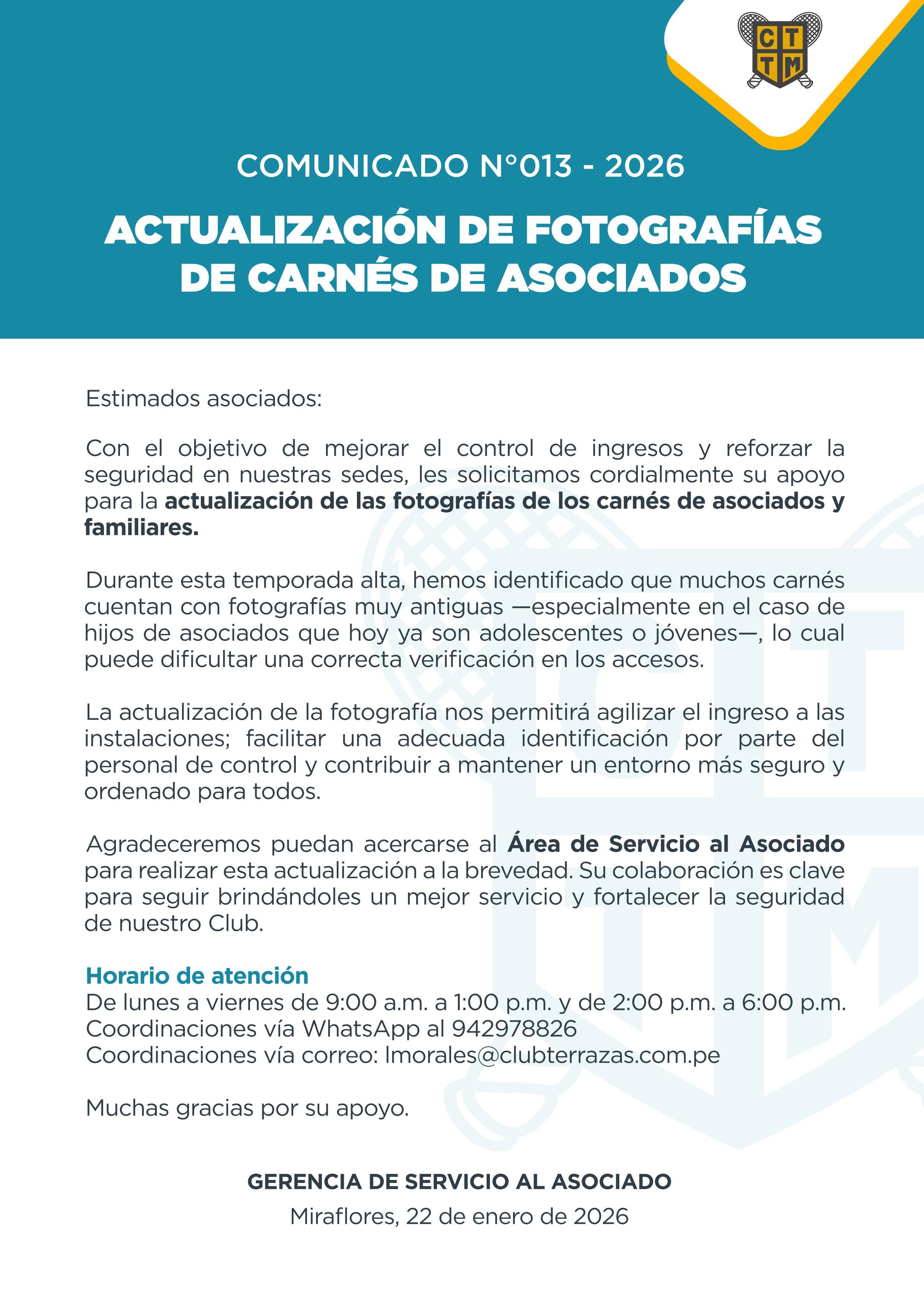 📣COMUNICADO N°013 - 2026 - ACTUALIZACIÓN DE FOTOGRAFÍAS DE CARNÉS DE ASOCIADOS
