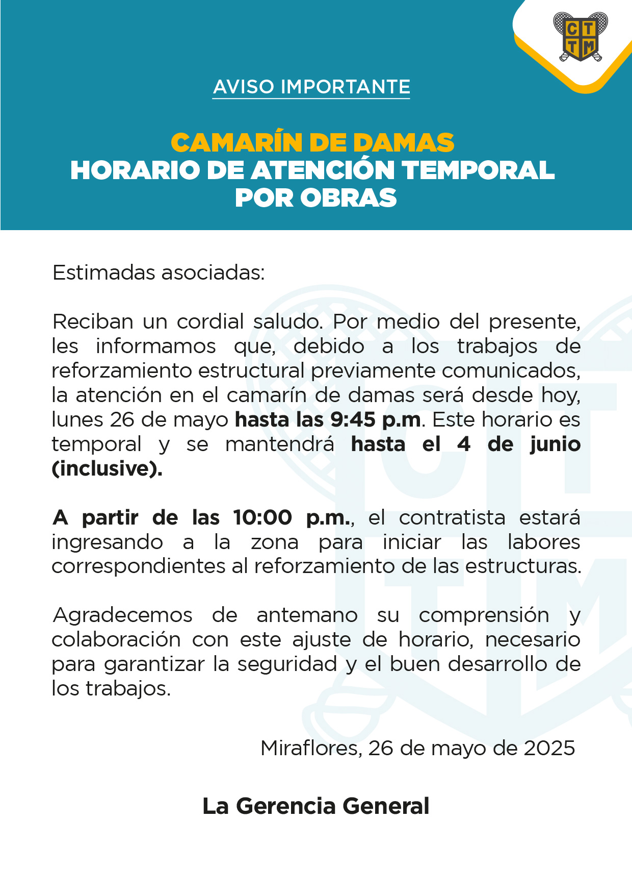 🔔 AVISO IMPORTANTE  - 🚧 CAMARÍN DE DAMAS: HORARIO DE ATENCIÓN TEMPORAL POR OBRAS 🛠️