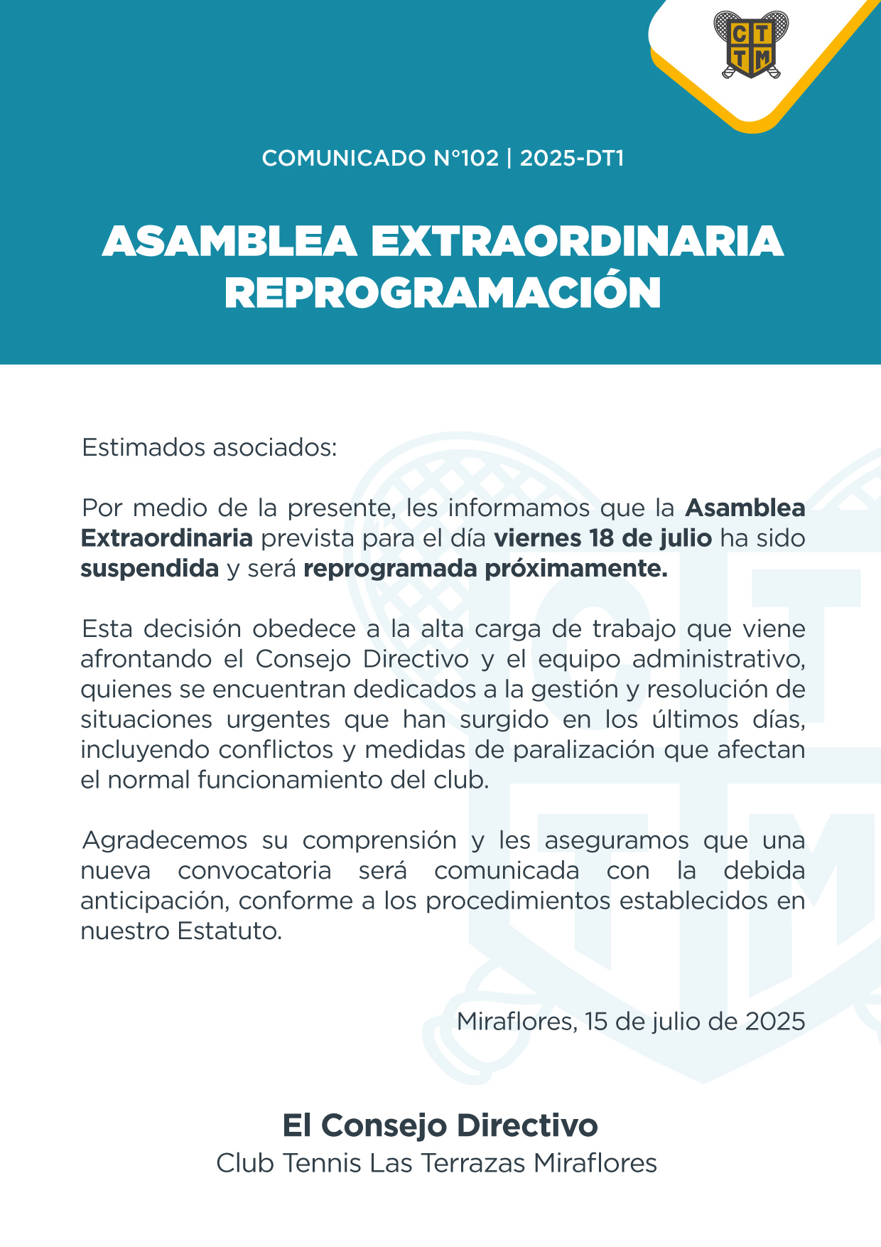 📣COMUNICADO N°102 - 2025-DT1 - ASAMBLEA EXTRAORDINARIA REPROGRAMACIÓN