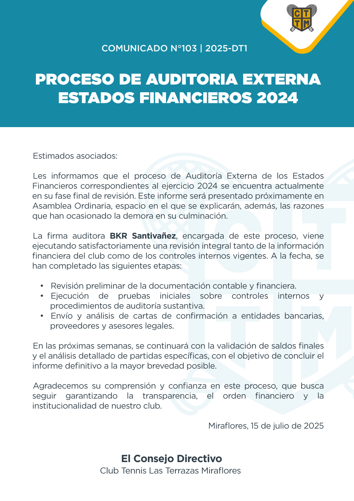 📣COMUNICADO N°103 - 2025-DT1 - PROCESO DE AUDITORIA EXTERNA ESTADOS FINANCIEROS 2024