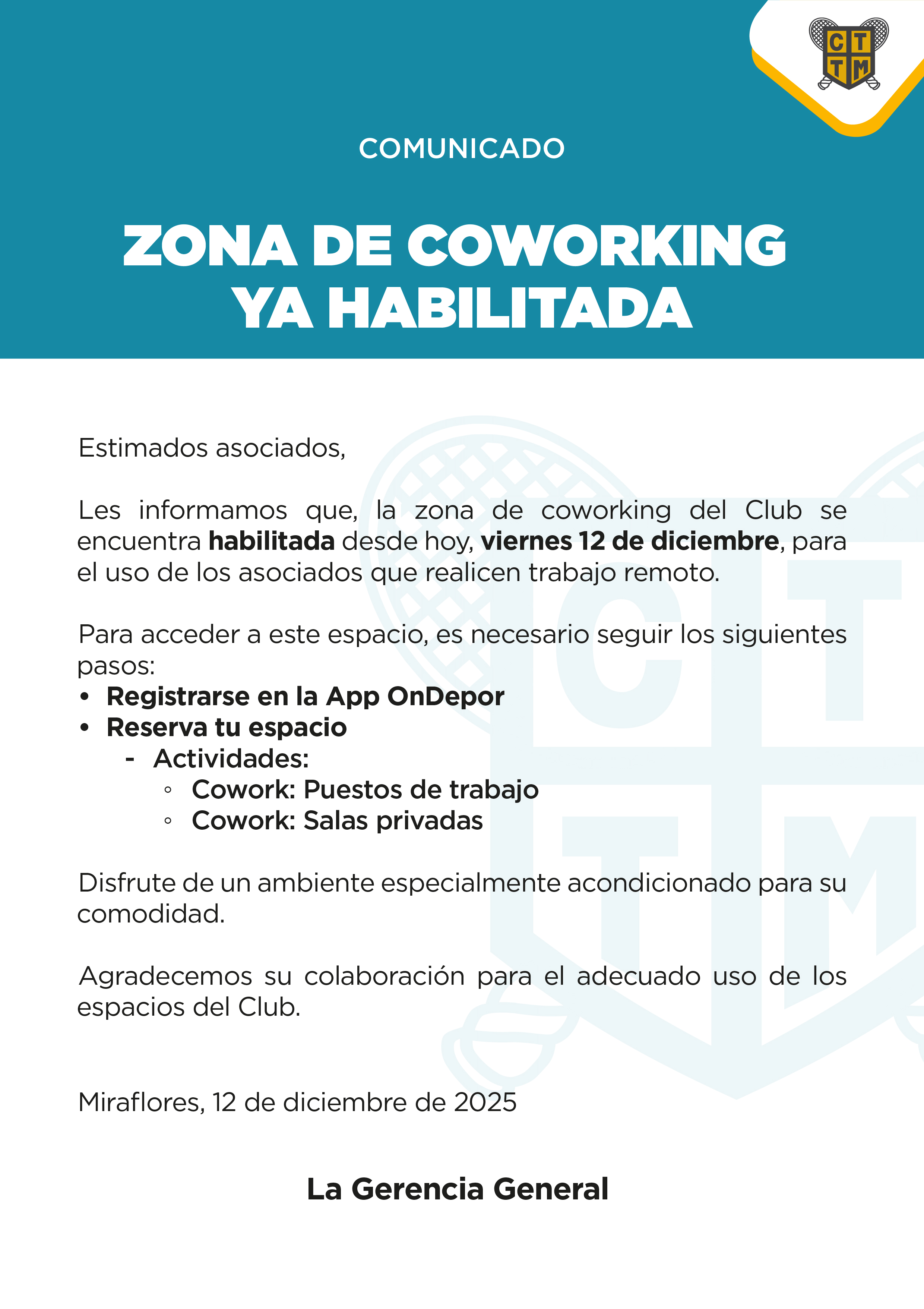 📢COMUNICADO: ZONA DE COWORKING  YA HABILITADA