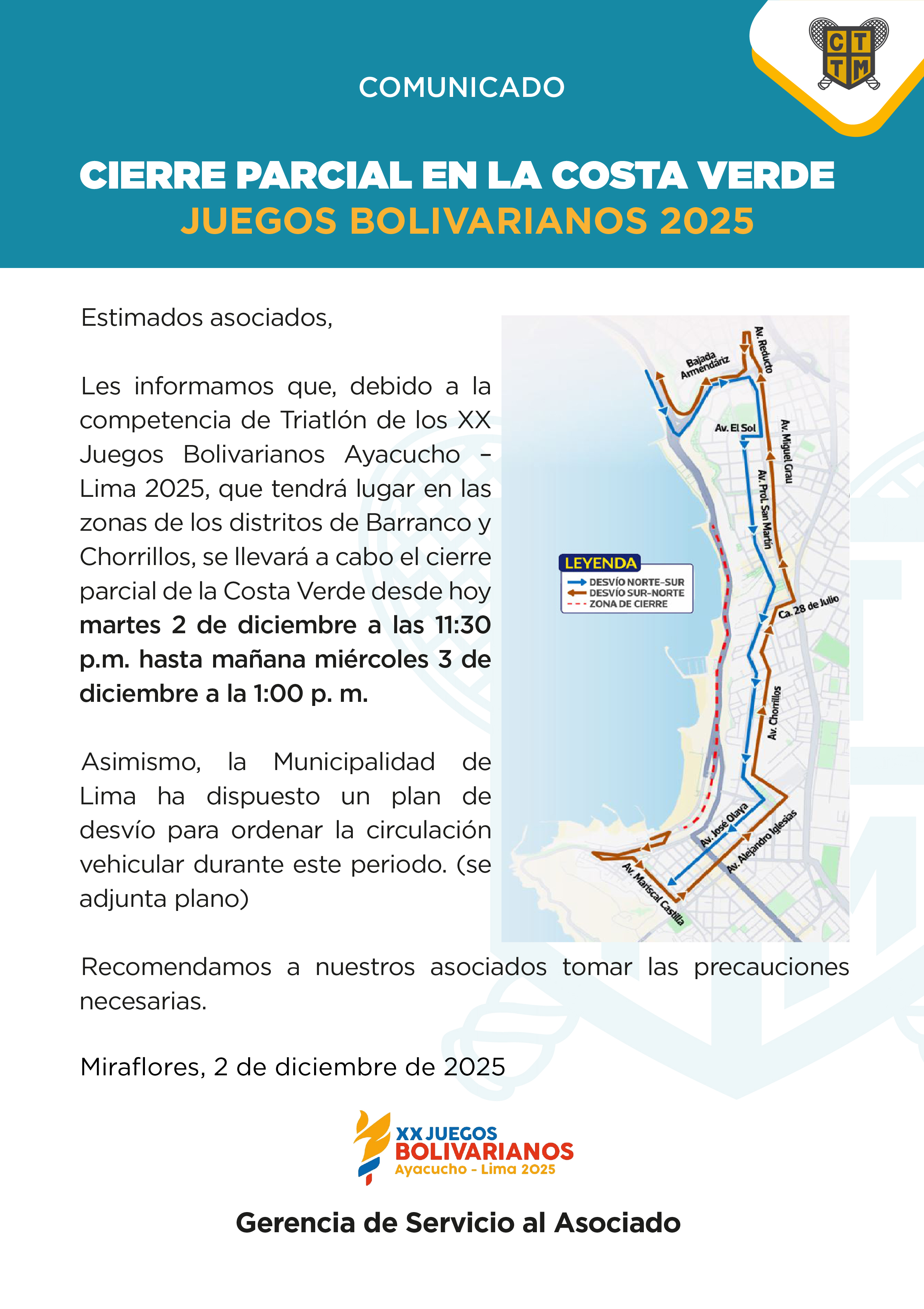 📢COMUNICADO: CIERRE PARCIAL EN LA COSTA VERDE