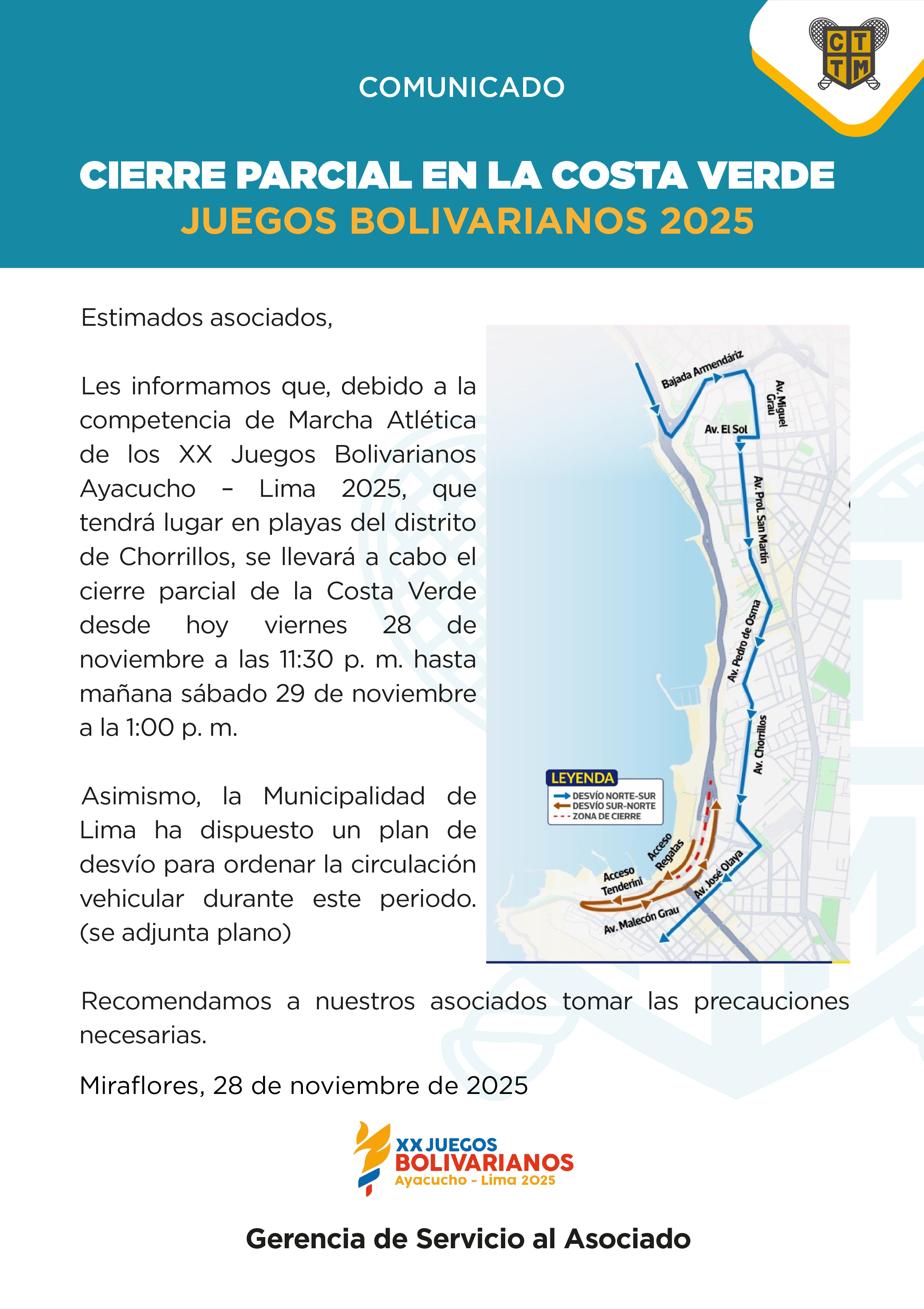 📢COMUNICADO: CIERRE PARCIAL EN LA COSTA VERDE