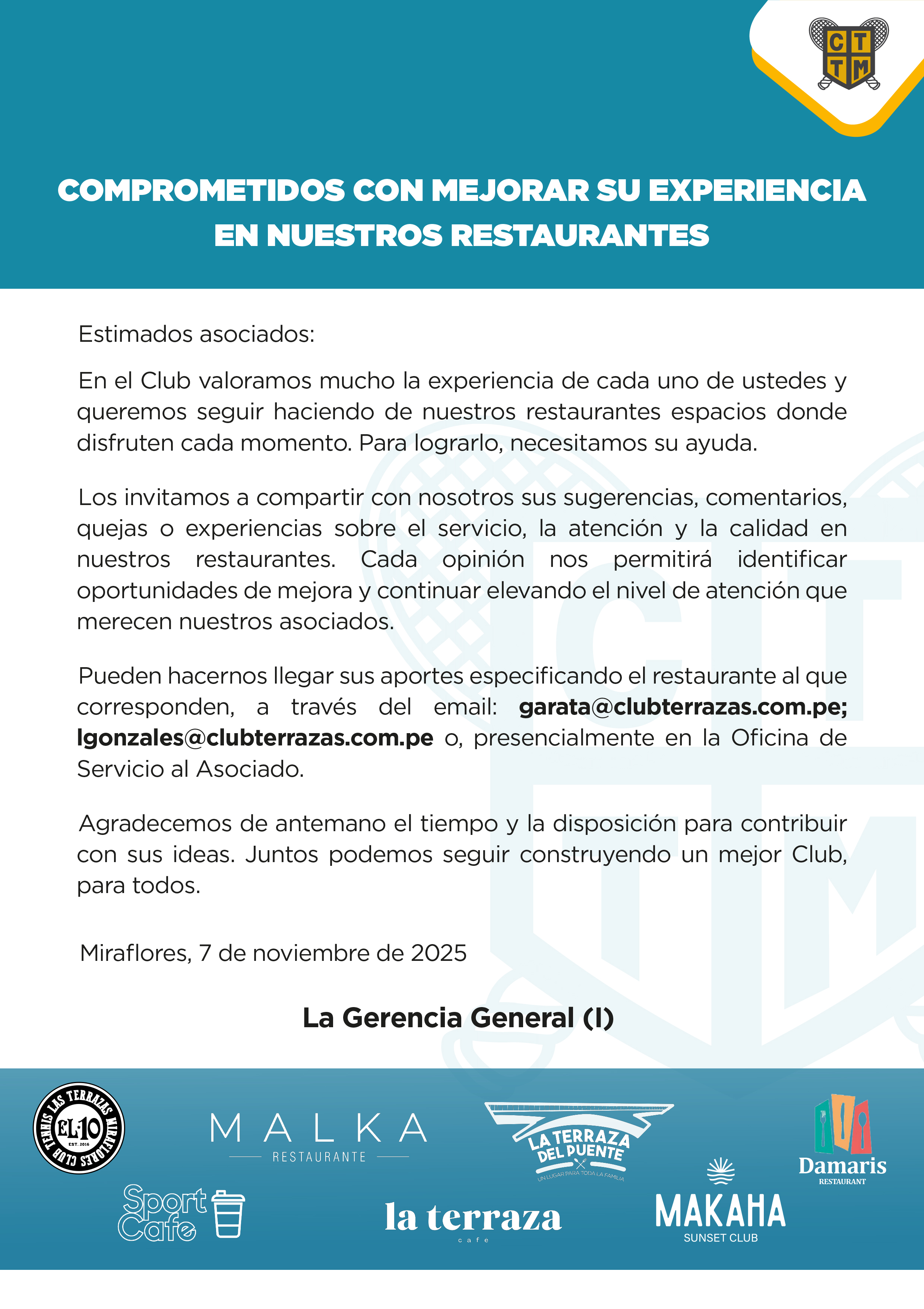 📢COMPROMETIDOS CON MEJORAR SU EXPERIENCIA EN NUESTROS RESTAURANTES