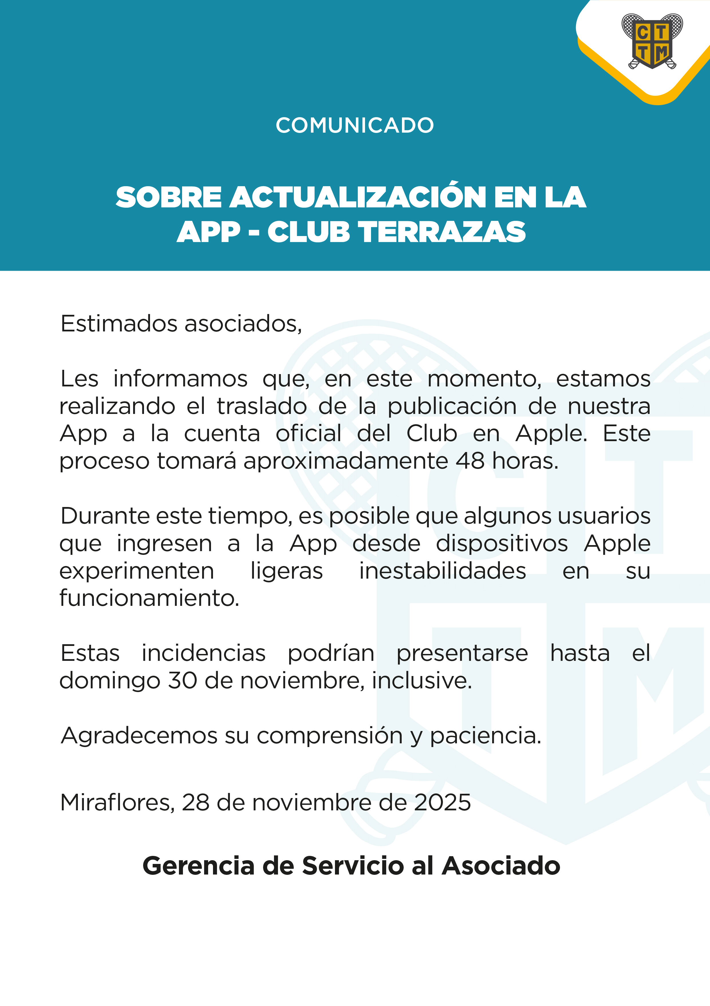📢COMUNICADO: SOBRE ACTUALIZACIÓN EN LA  APP - CLUB TERRAZAS
