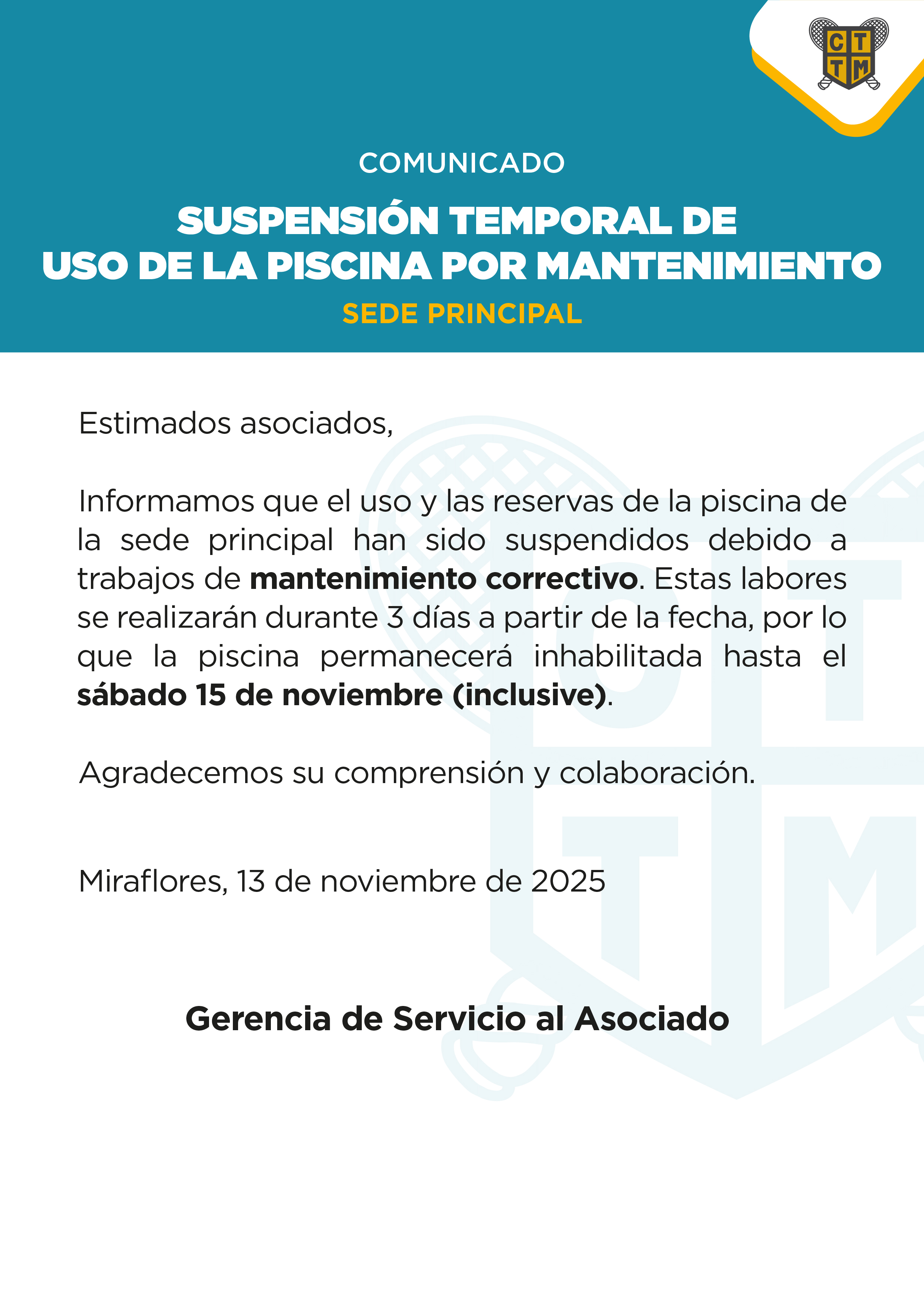 📢COMUNICADO: SUSPENSIÓN TEMPORAL DE USO DE LA PISCINA POR MANTENIMIENTO