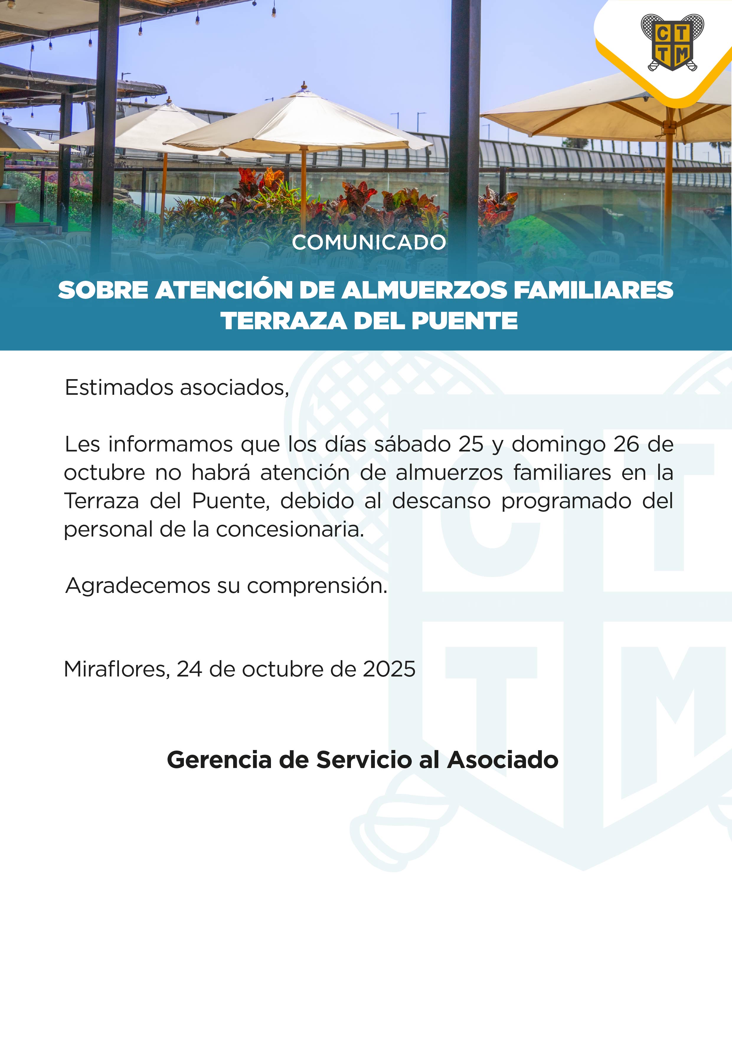 📢COMUNICADO: SOBRE ATENCIÓN DE ALMUERZOS FAMILIARES - TERRAZA DEL PUENTE