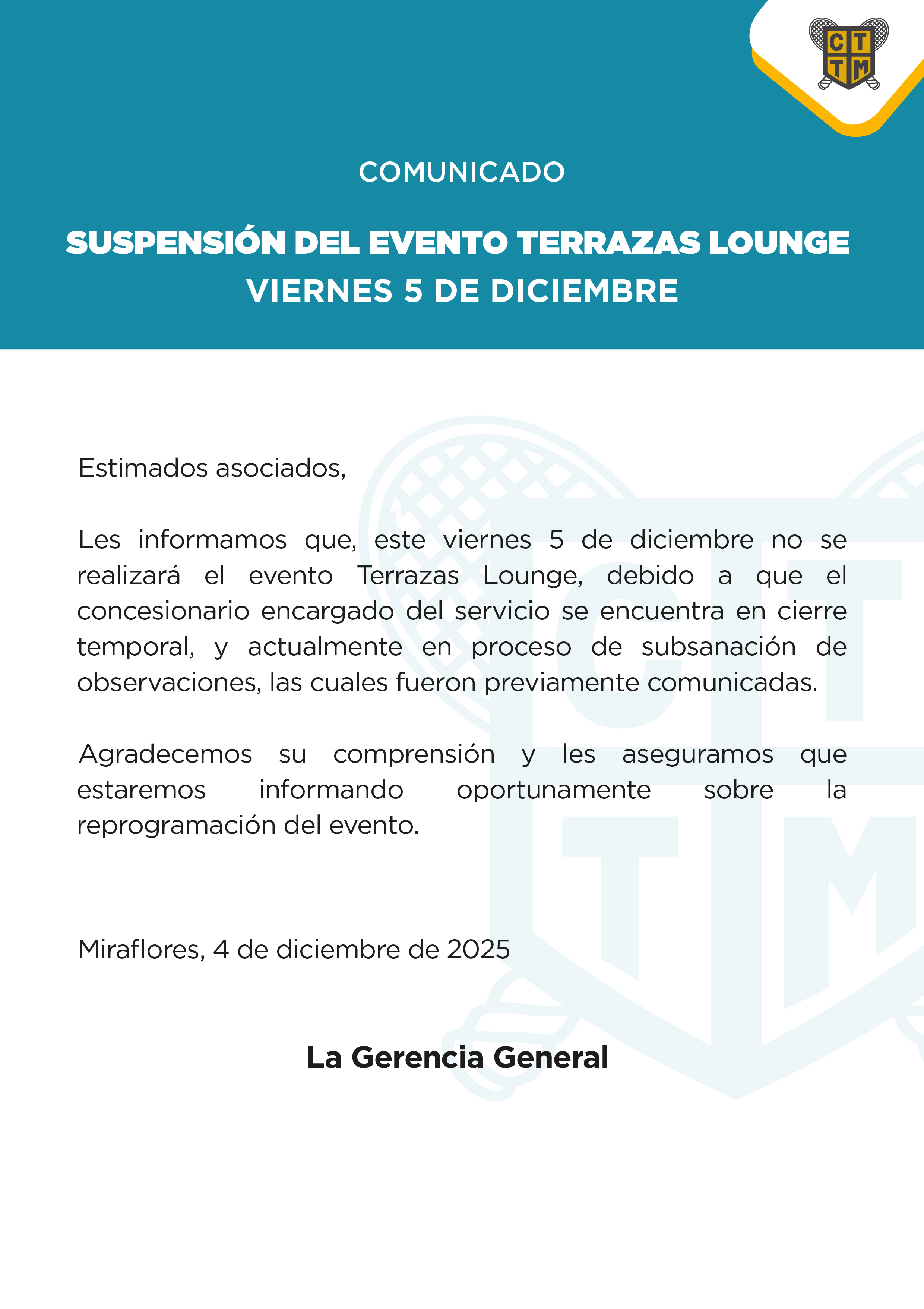 📢COMUNICADO:SUSPENSIÓN DEL EVENTO TERRAZAS LOUNGE -   VIERNES 5 DE DICIEMBRE