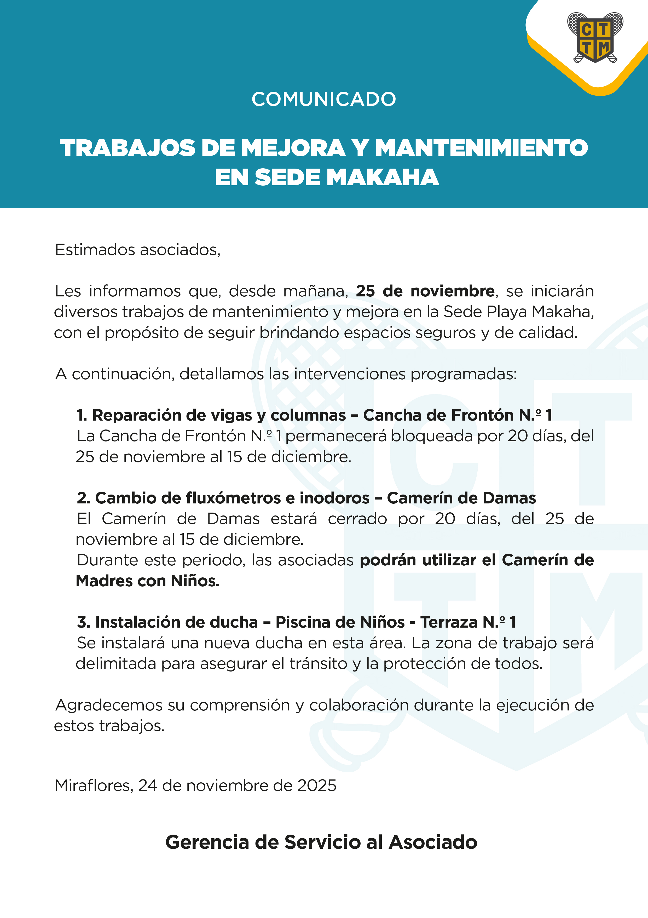 📢COMUNICADO: TRABAJOS DE MEJORA Y MANTENIMIENTO EN SEDE MAKAHA