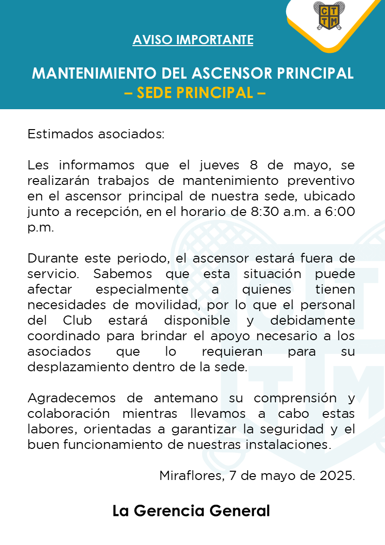 🚨 AVISO IMPORTANTE: MANTENIMIENTO DEL ASCENSOR PRINCIPAL  – SEDE PRINCIPAL  🛠️