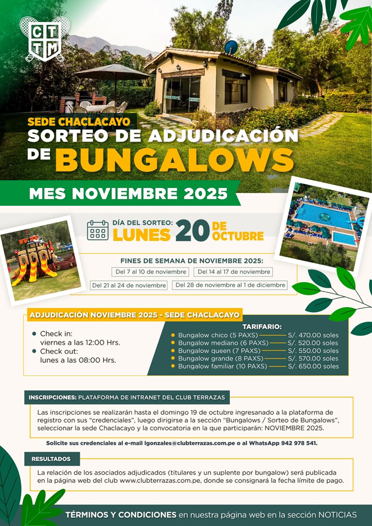 📢 CONVOCATORIA AL SORTEO DE ADJUDICACIÓN DE BUNGALOWS SEDE CHACLACAYO - NOVIEMBRE 2025 🏞️🏡
