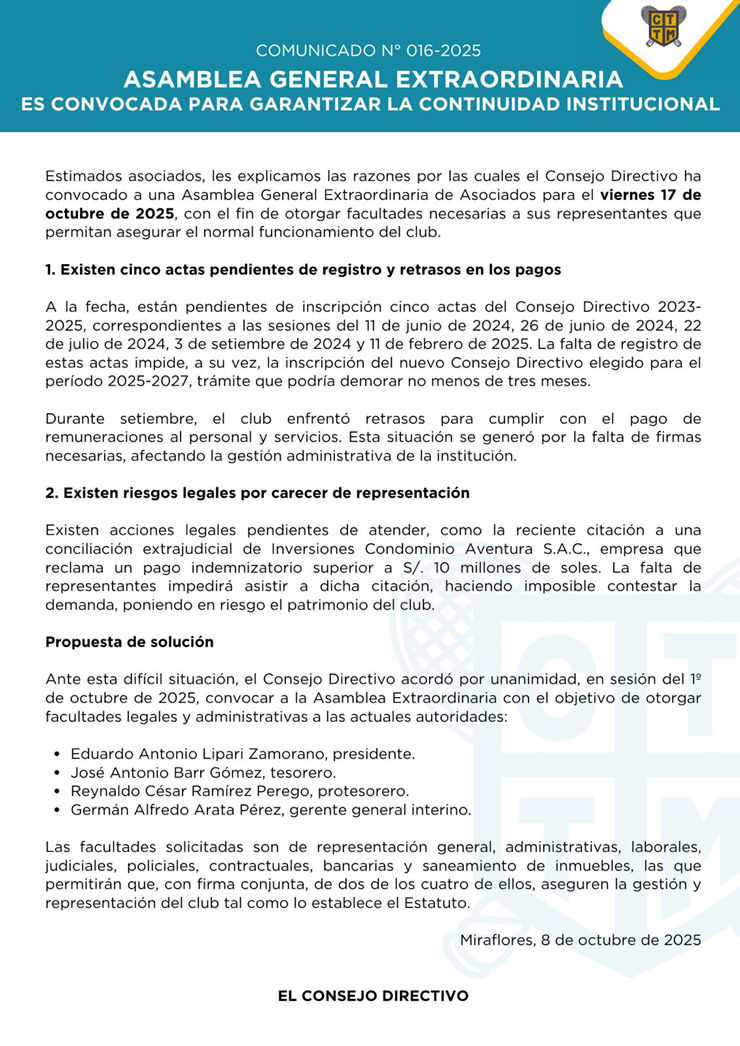 📣COMUNICADO N°016-2025: ASAMBLEA GENERAL EXTRAORDINARIA ES CONVOCADA PARA GARANTIZAR LA CONTINUIDAD INSTITUCIONAL