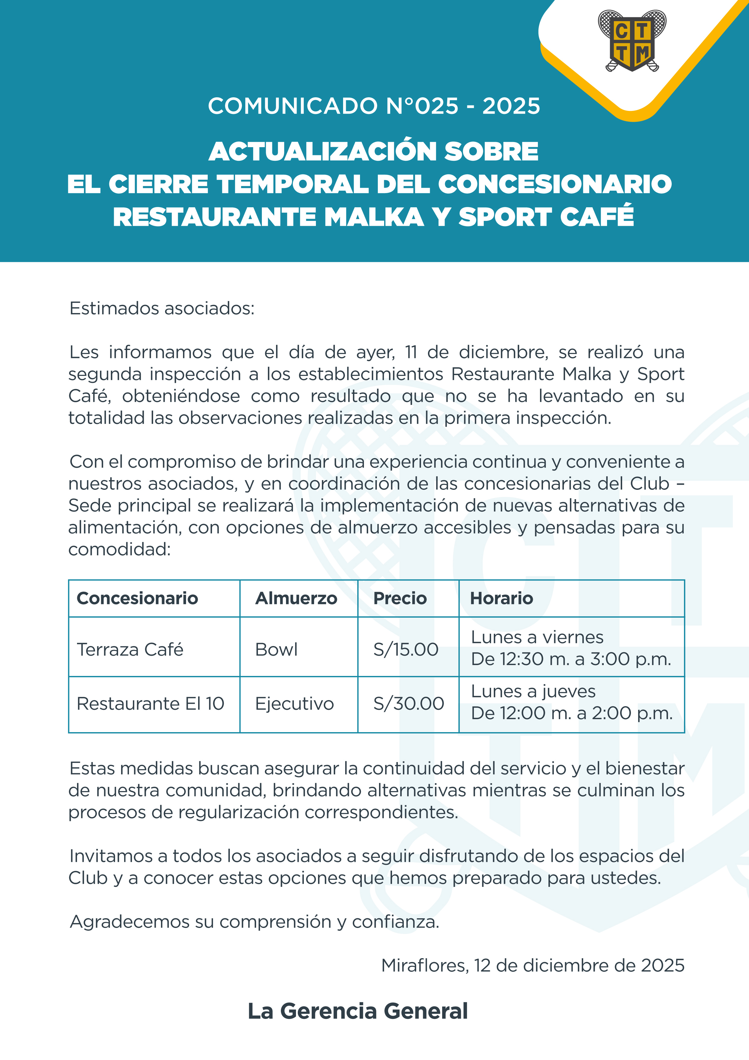 📣COMUNICADO N°025 - 2025 - ACTUALIZACIÓN SOBRE EL CIERRE TEMPORAL DEL CONCESIONARIO RESTAURANTE MALKA Y SPORT CAFÉ