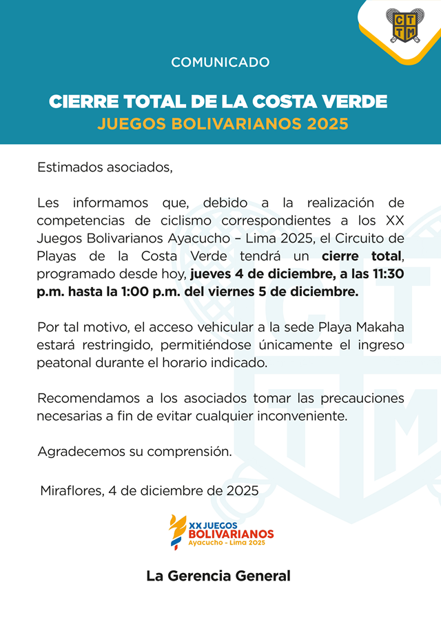 📢COMUNICADO: CIERRE TOTAL DE LA COSTA VERDE