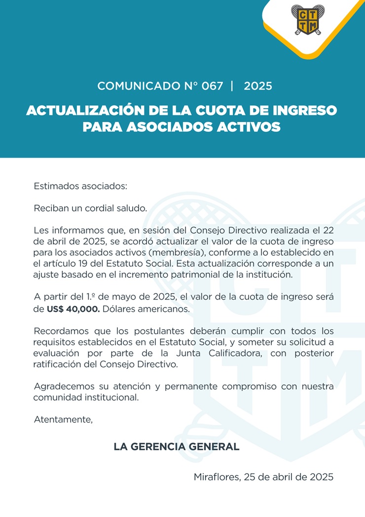 📣 COMUNICADO N° 067 | 2025: ACTUALIZACIÓN DE LA CUOTA DE INGRESO PARA ASOCIADOS ACTIVOS