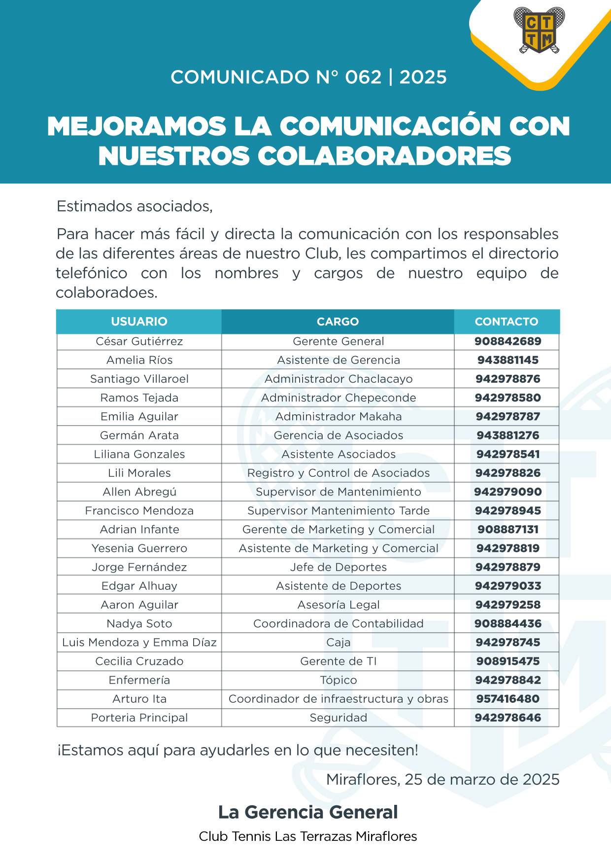 📣COMUNICADO N°062 | 2025: MEJORAMOS LA COMUNICACIÓN CON NUESTROS COLABORADORES 