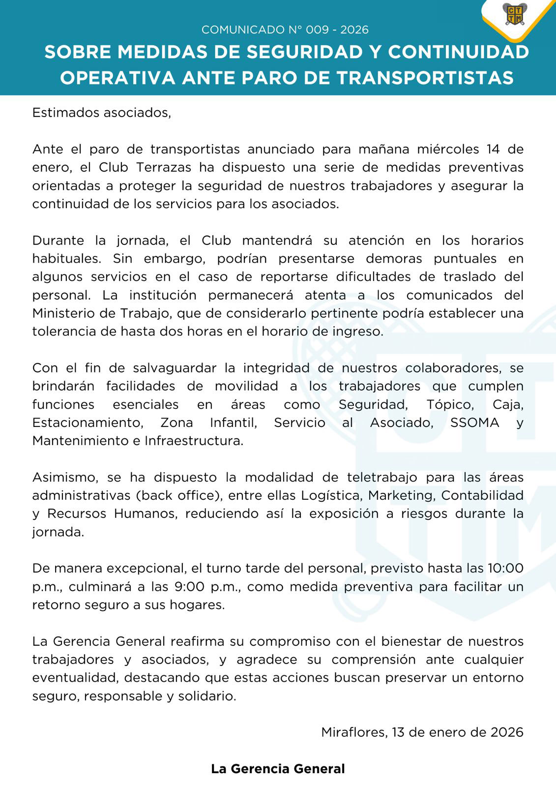 📣COMUNICADO N°009 - 2026 - SOBRE MEDIDAS DE SEGURIDAD Y CONTINUIDAD OPERATIVA ANTE PARO DE TRANSPORTISTAS
