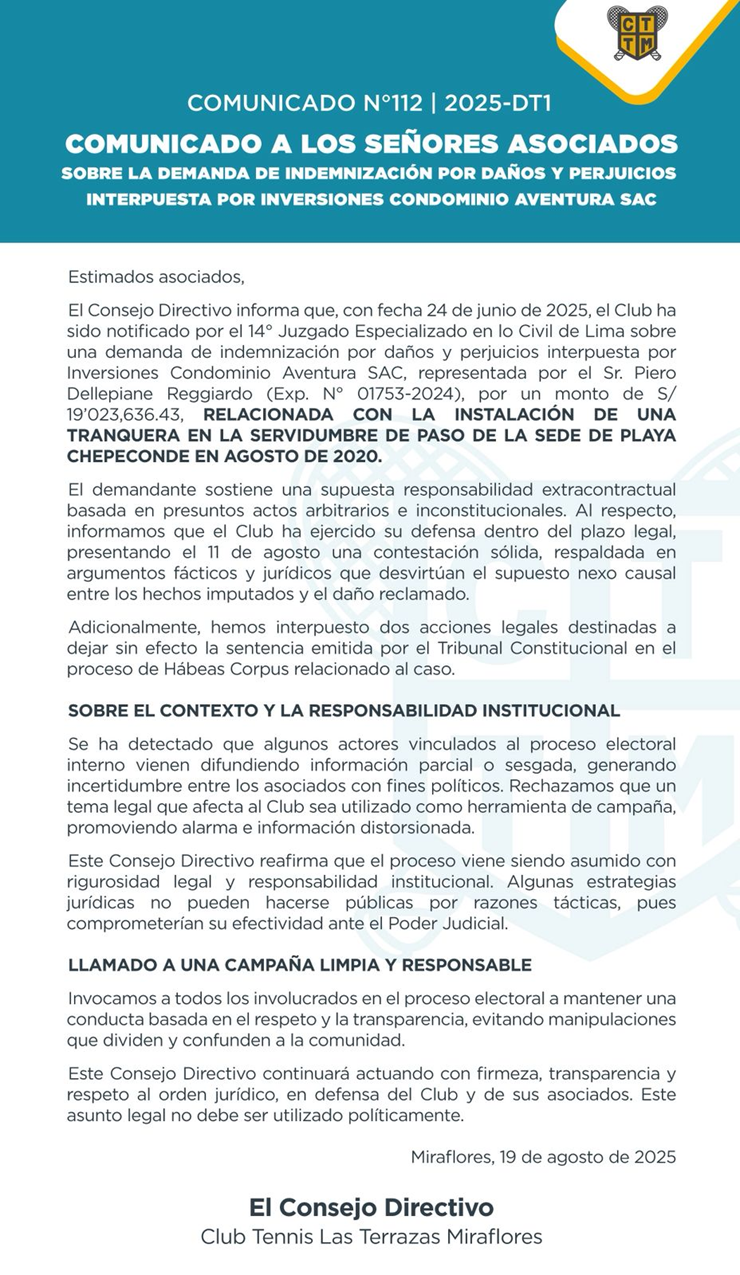 📣COMUNICADO N.º 112 | 2025 - DT1 - SOBRE LA DEMANDA DE INDEMNIZACIÓN POR DAÑOS Y PERJUICIOS INTERPUESTA POR INVERSIONES CONDOMINIO AVENTURA SAC