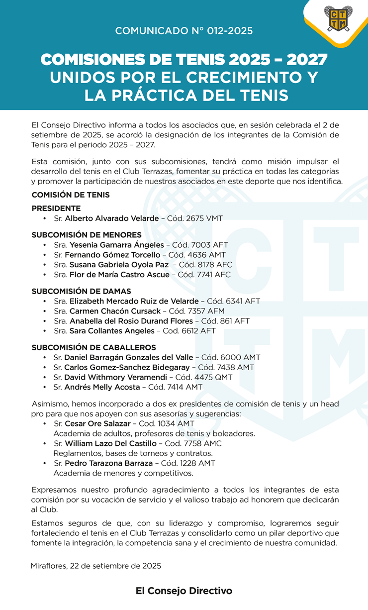 📣COMUNICADO N° 012 - 2025 -COMISIONES DE TENIS 2025 – 2027: UNIDOS POR EL CRECIMIENTO Y LA PRÁCTICA DEL TENIS
