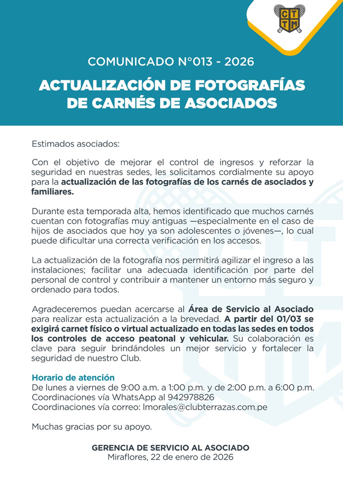 📣COMUNICADO N°013 - 2026 - ACTUALIZACIÓN DE FOTOGRAFÍAS DE CARNÉS DE ASOCIADOS
