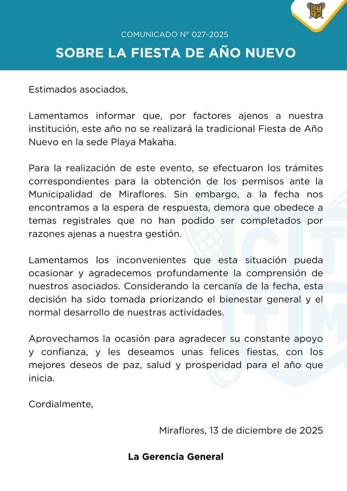 📣COMUNICADO N°027 - 2025 - SOBRE LA FIESTA DE AÑO NUEVO