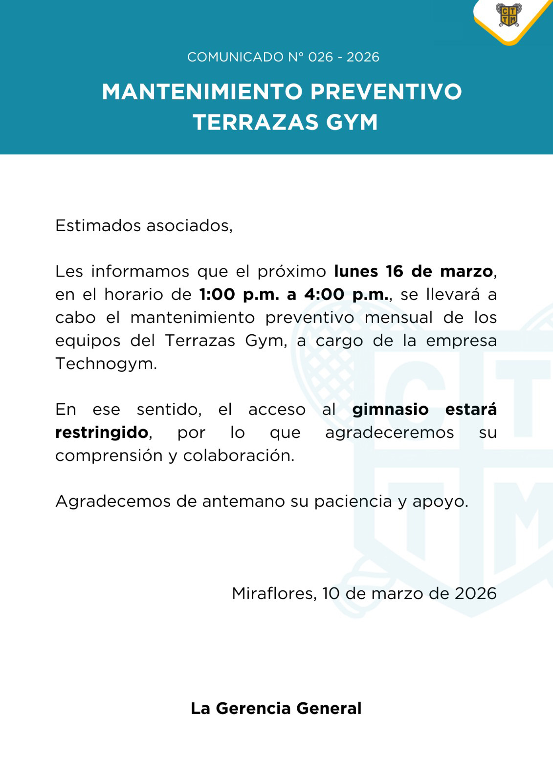 📣COMUNICADO N°026 - 2026: MANTENIMIENTO PREVENTIVO TERRAZAS GYM