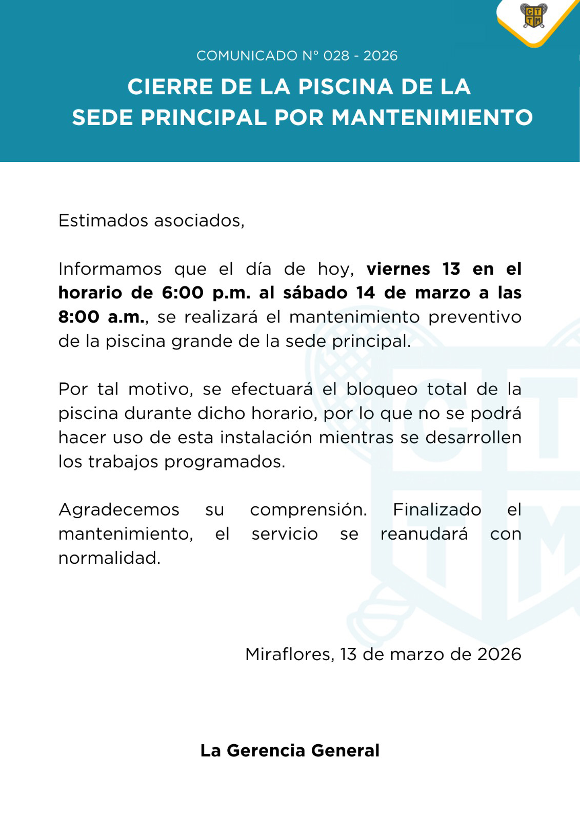 📣COMUNICADO N°028 - 2026 - CIERRE DE LA PISCINA DE LA SEDE PRINCIPAL POR MANTENIMIENTO
