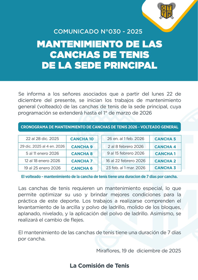 📣COMUNICADO N°030 - 2025 - MANTENIMIENTO DE LAS CANCHAS DE TENIS DE LA SEDE PRINCIPAL