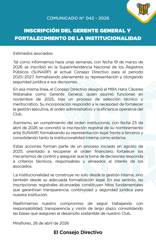 📣COMUNICADO N°042 - 2026:INSCRIPCIÓN DEL GERENTE GENERAL Y FORTALECIMIENTO DE LA INSTITUCIONALIDAD