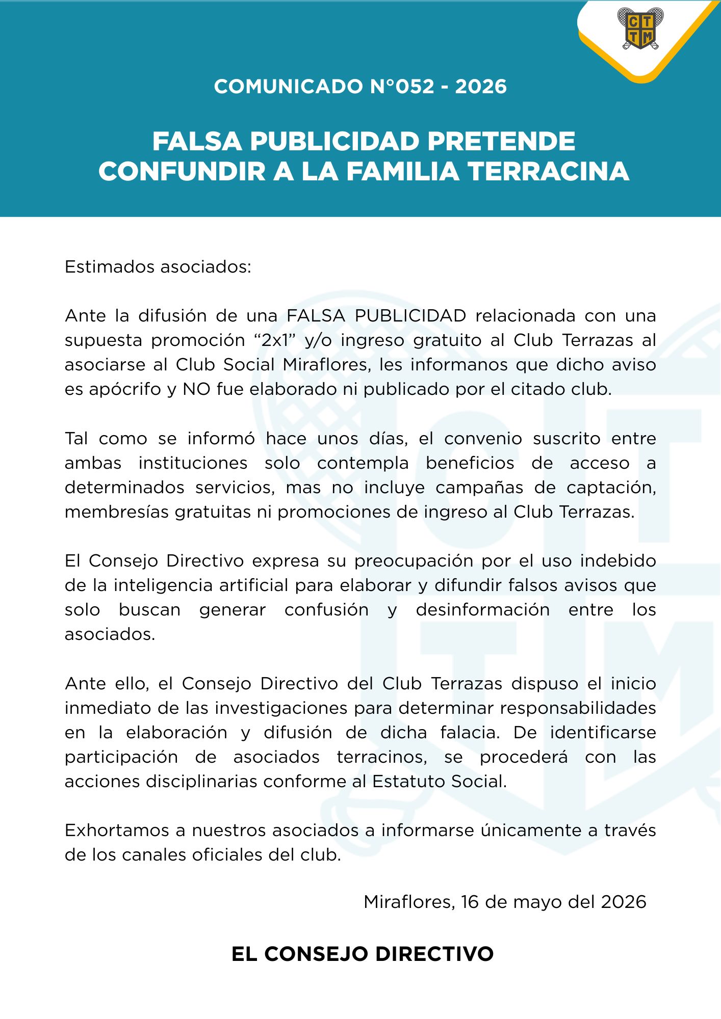 📣COMUNICADO N°052 - FALSA PUBLICIDAD PRETENDE CONFUNDIR A LA FAMILIA TERRACINA