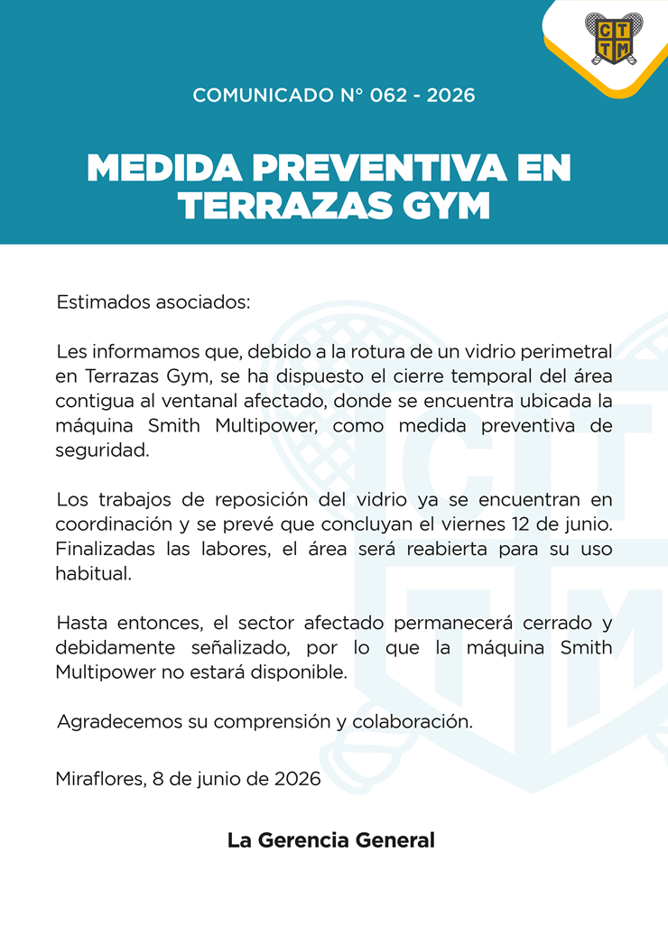 📣COMUNICADO N°062 - MEDIDA PREVENTIVA EN TERRAZAS GYM