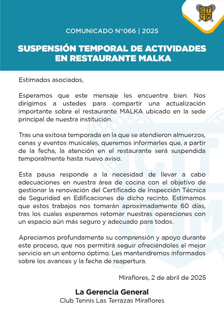 📣 COMUNICADO N° 066 | 2025: SUSPENSIÓN TEMPORAL DE ACTIVIDADES EN RESTAURANTE MALKA