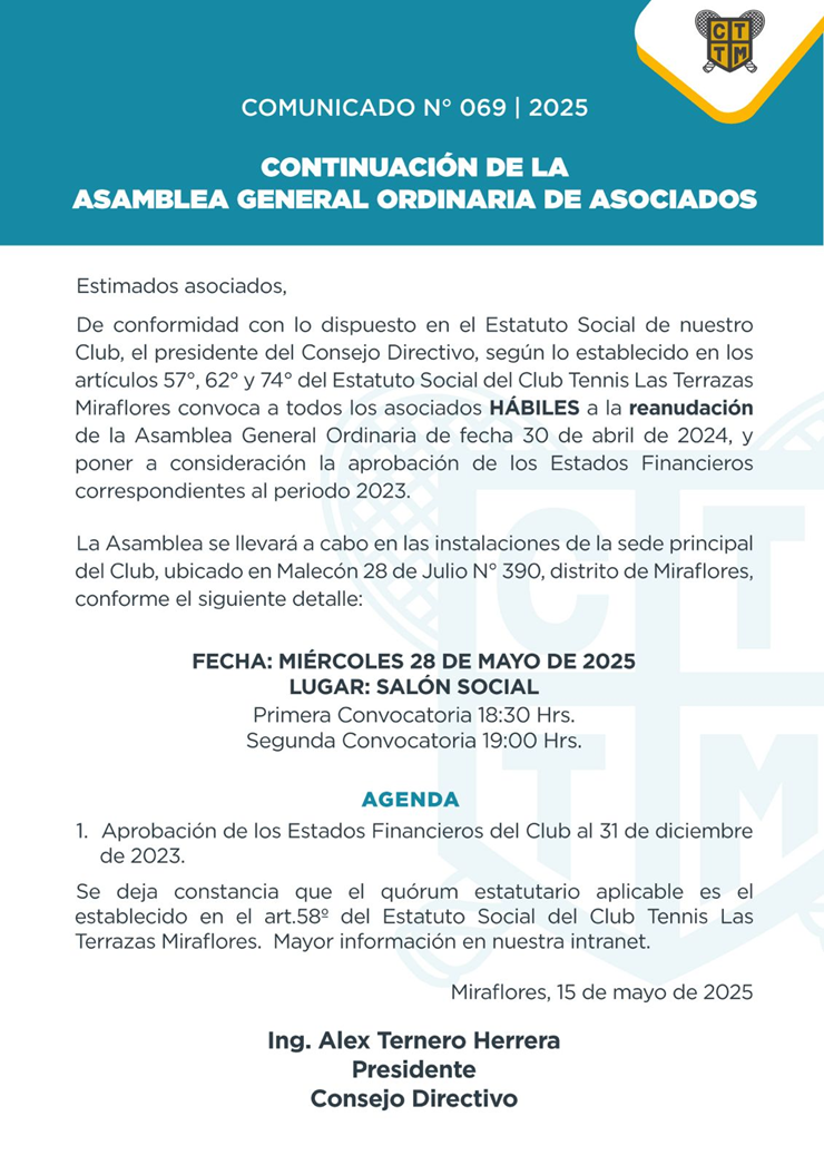 📣COMUNICADO N°069 | 2025: CONTINUACIÓN DE LA ASAMBLEA GENERAL ORDINARIA DE ASOCIADOS