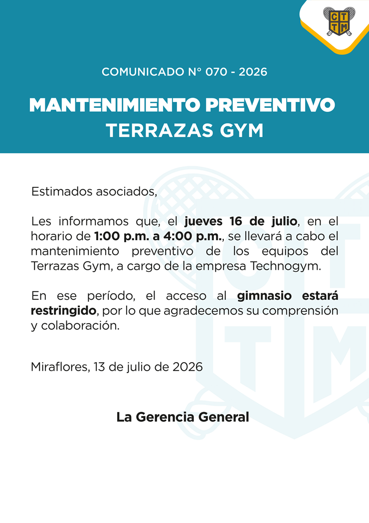 📣COMUNICADO N°070 - 2026: MANTENIMIENTO PREVENTIVO TERRAZAS GYM