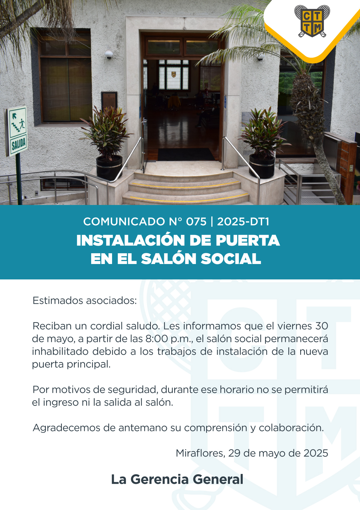 📣COMUNICADO N°075 | 2025-DT1: INSTALACIÓN DE PUERTA EN EL SALÓN SOCIAL