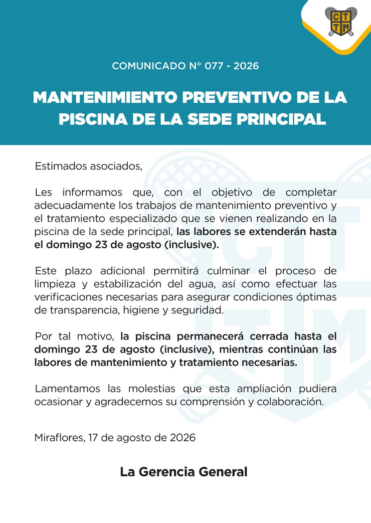 📣COMUNICADO N°077 - 2026:MANTENIMIENTO PREVENTIVO DE LA PISCINA DE LA SEDE PRINCIPAL