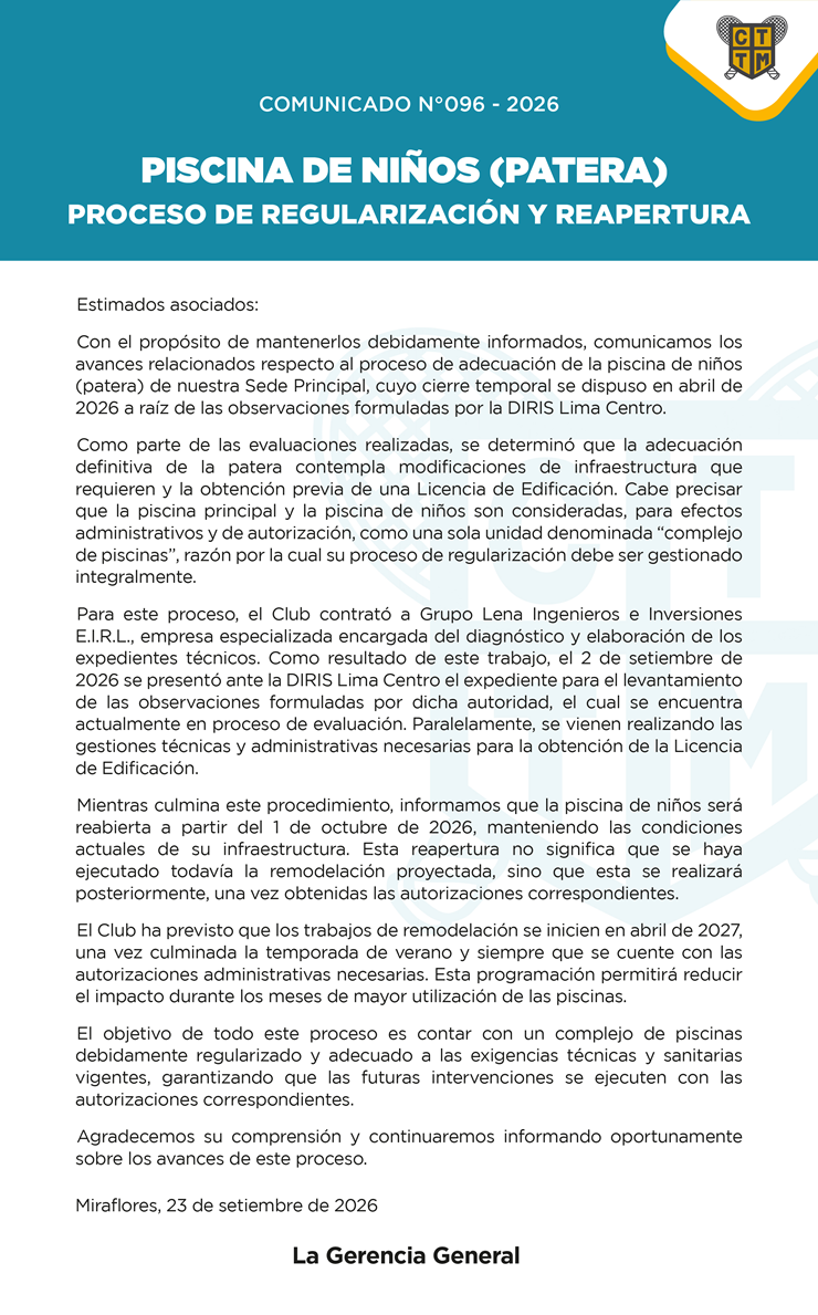 📣COMUNICADO N°096 - 2026: PISCINA DE NIÑOS (PATERA) - PROCESO DE REGULARIZACIÓN Y REAPERTURA