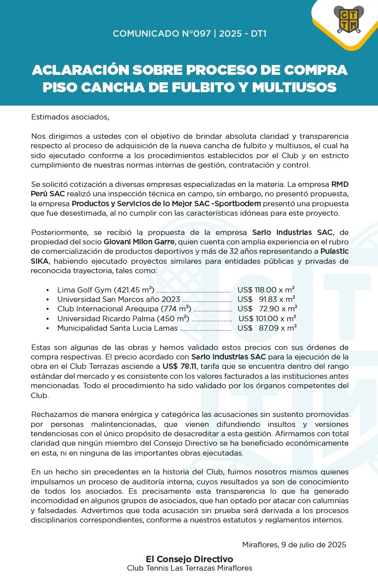 📣COMUNICADO N°097 - 2025-DT1 - ACLARACIÓN SOBRE PROCESO DE COMPRA - PISO CANCHA DE FULBITO Y MULTIUSOS