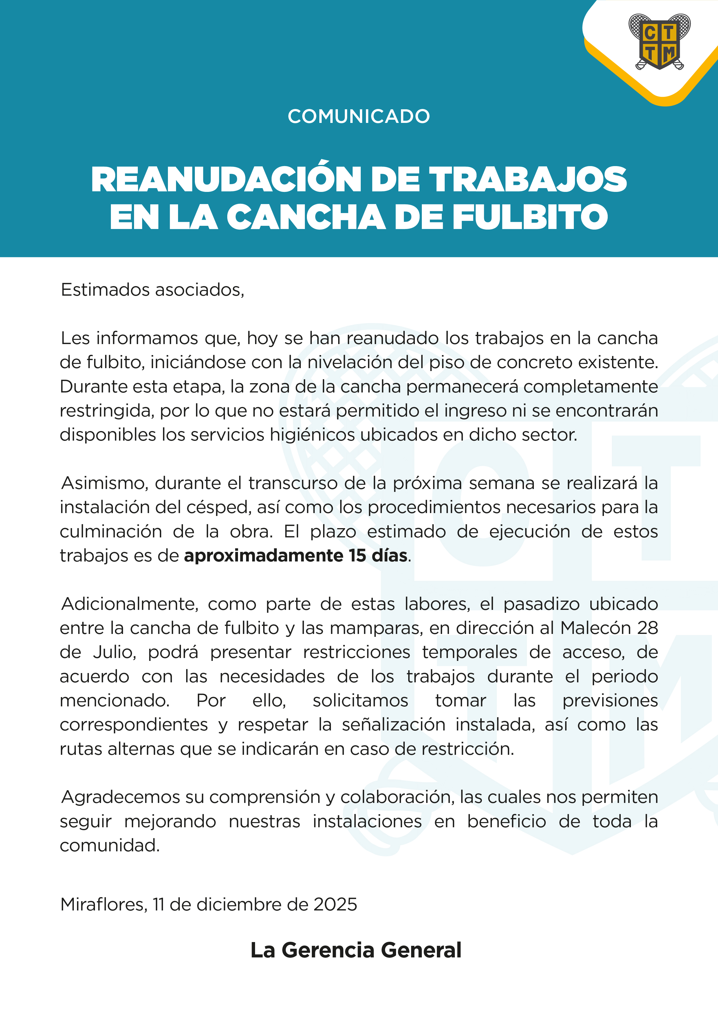 📢COMUNICADO: REANUDACIÓN DE TRABAJOS EN LA CANCHA DE FULBITO 