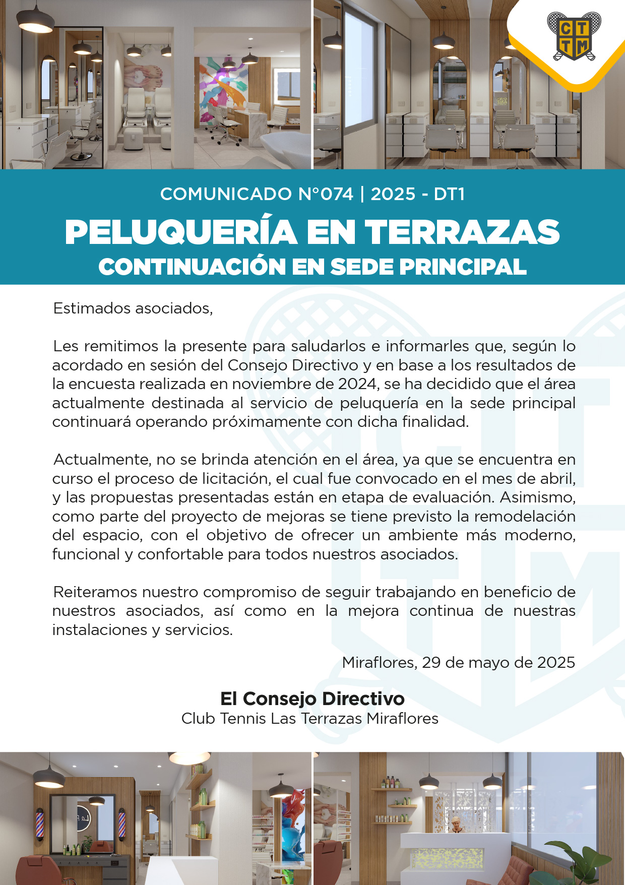 📣COMUNICADO N°074 | 2025-DT1:  PELUQUERÍA EN TERRAZAS, CONTINUACIÓN EN LA SEDE PRINCIPAL