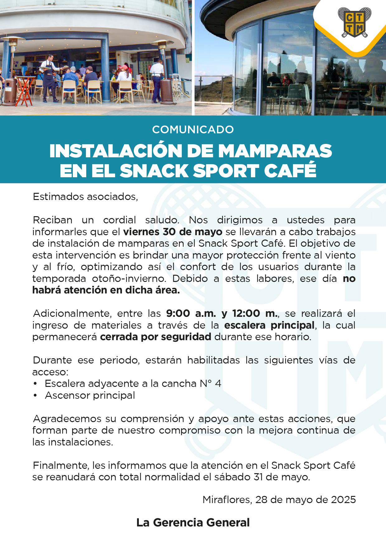 📢 COMUNICADO:  INSTALACIÓN DE MAMPARAS  EN EL SNACK SPORT CAFÉ 