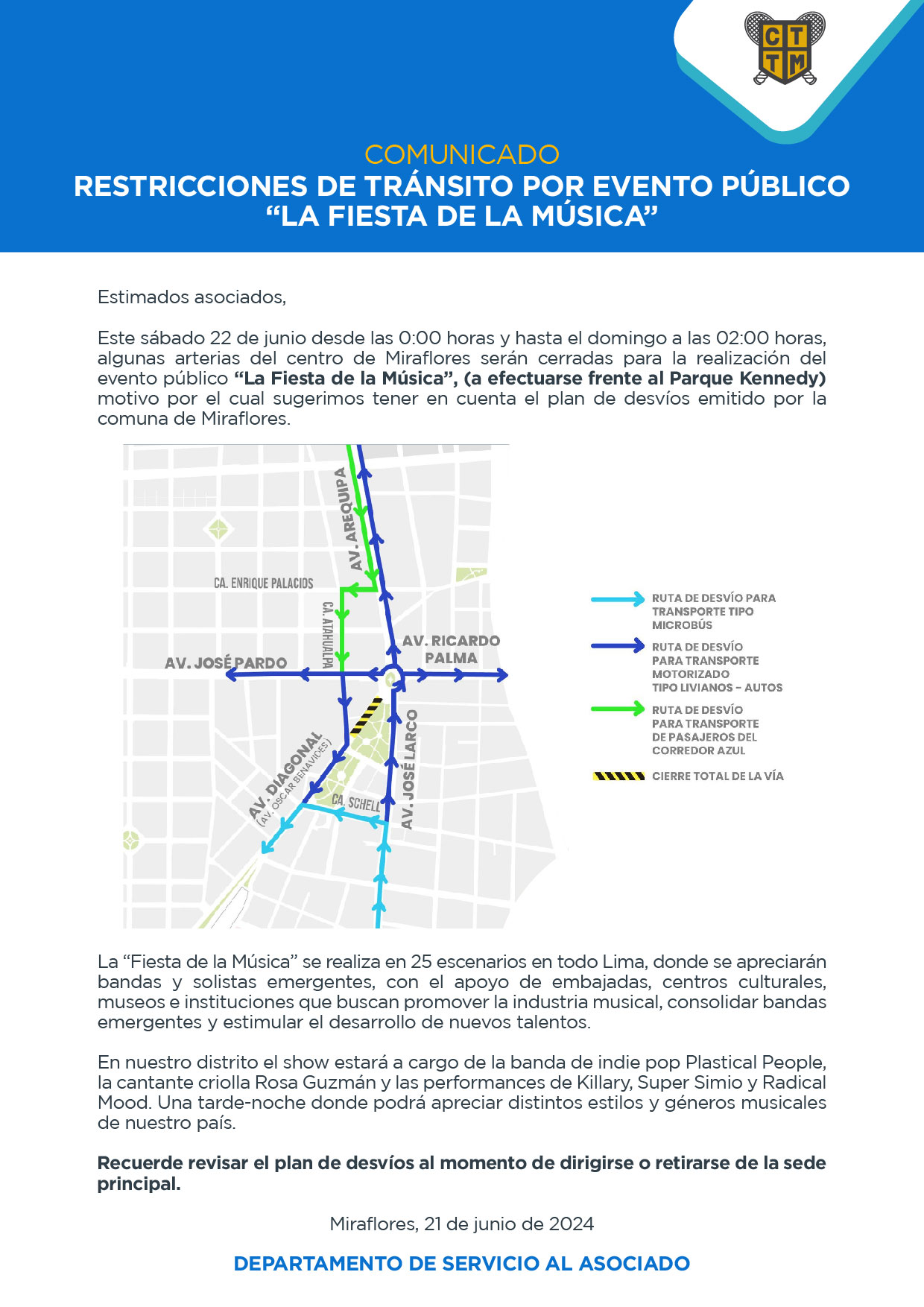 COMUNICADO: RESTRICCIONES DE TRÁNSITO POR EVENTO PÚBLICO “LA FIESTA DE LA MÚSICA”