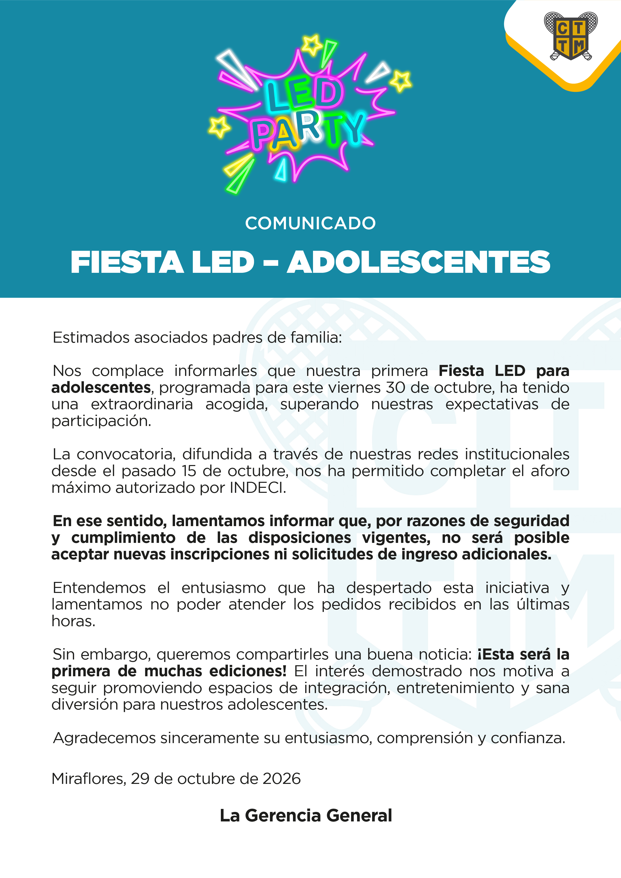 📣 COMUNICADO: FIESTA LED – ADOLESCENTES