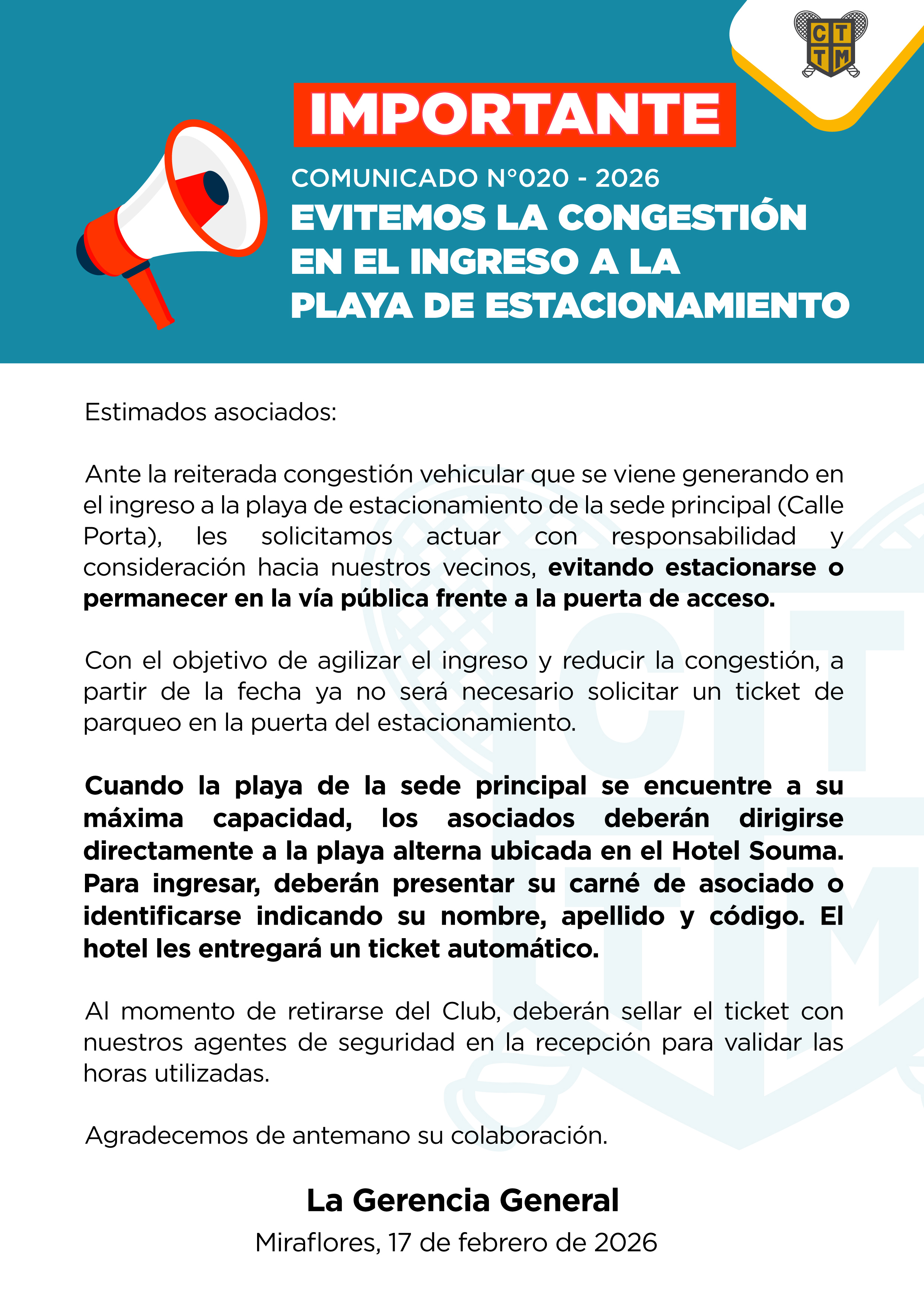 📣 ‼️ IMPORTANTE - COMUNICADO N°020 - 2026 - EVITEMOS LA CONGESTIÓN EN EL INGRESO A LA PLAYA DE ESTACIONAMIENTO 