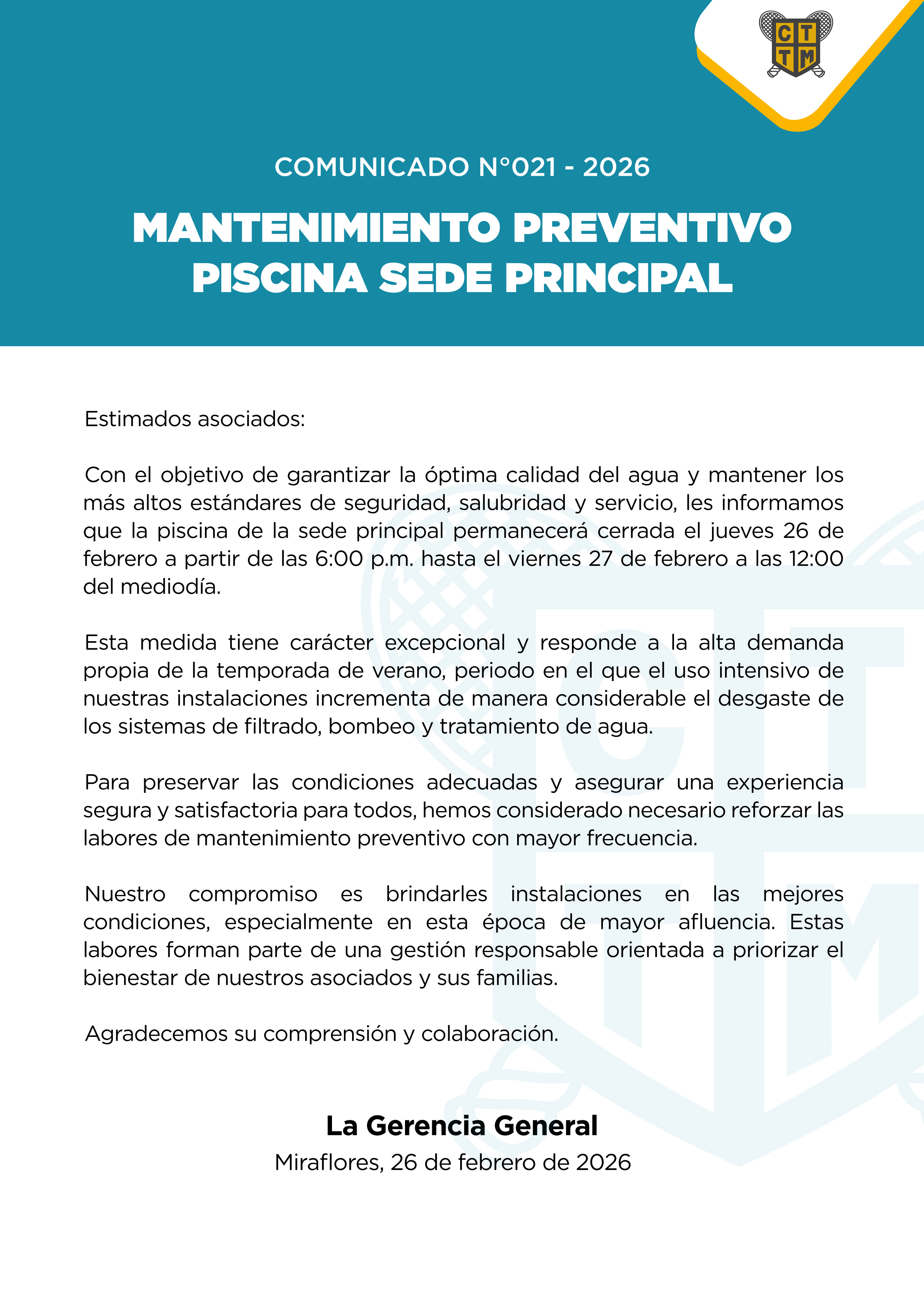 📣COMUNICADO N°021 - 2026 - MANTENIMIENTO PREVENTIVO – PISCINA SEDE PRINCIPAL