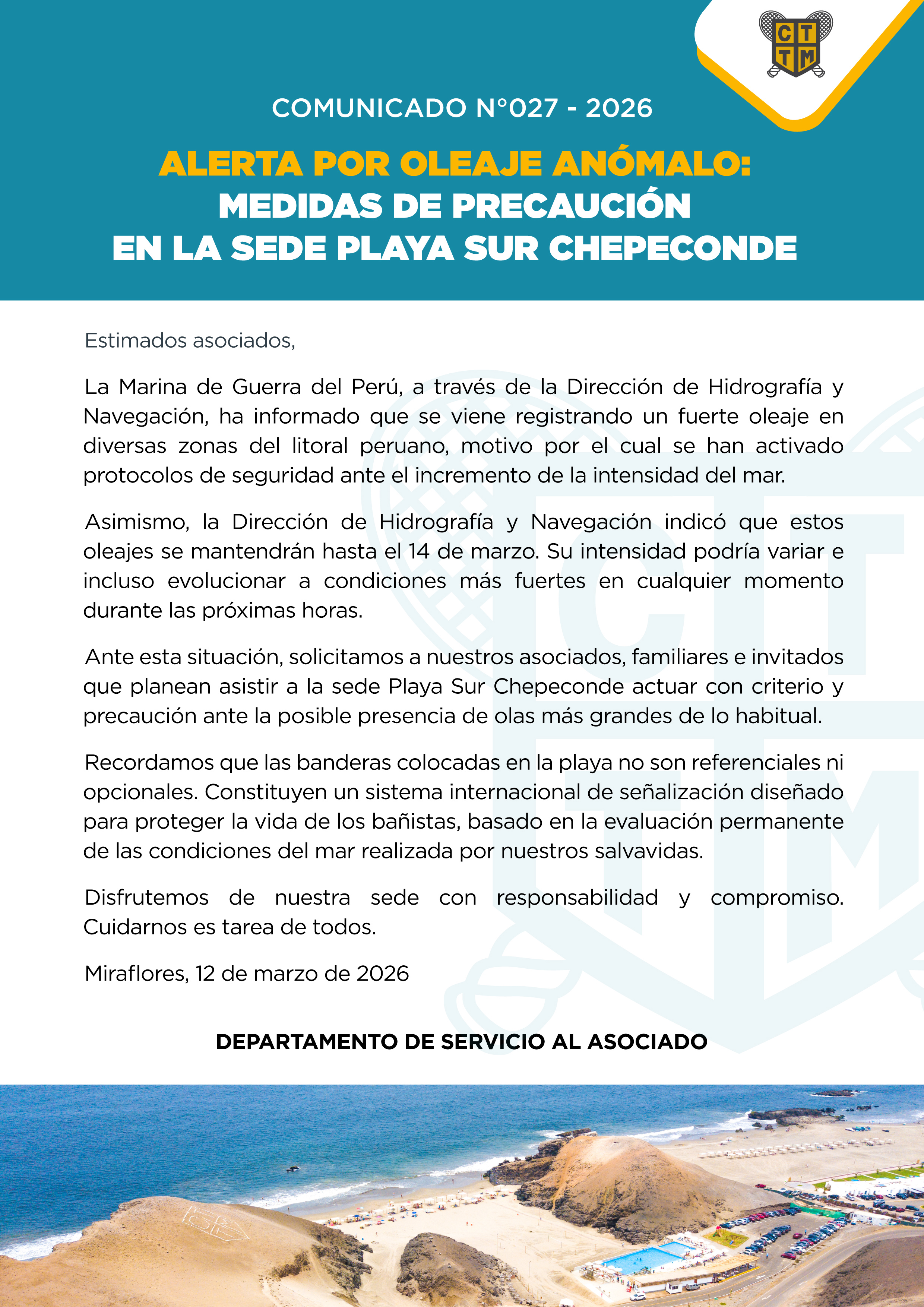 📣COMUNICADO N°027 - 2026 - ALERTA POR OLEAJE ANÓMALO: MEDIDAS DE PRECAUCIÓN EN LA SEDE PLAYA SUR CHEPECONDE